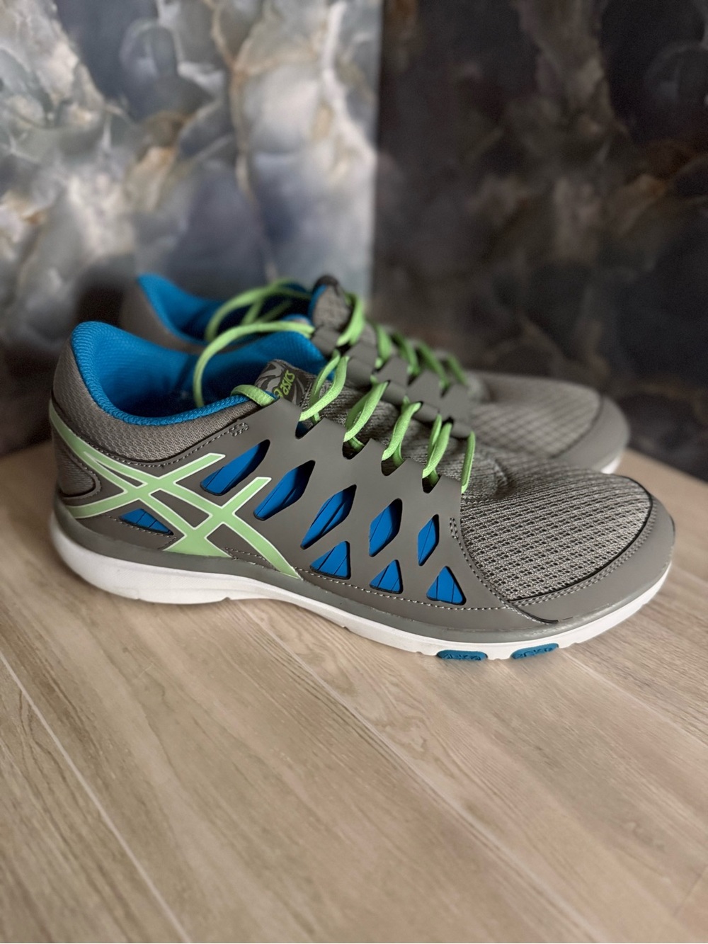 Asics Gray Sneakers with Blue Interior and Lime Accents